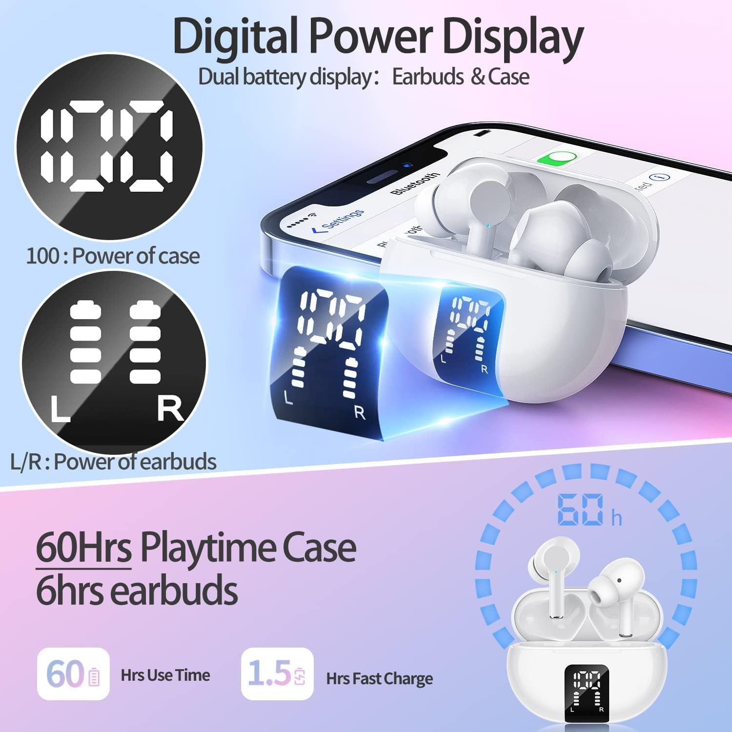 Wireless Earbuds Bluetooth Earbuds 60H Playtime LED Power Display Charging Case Bluetooth 5.3 Headphone with Noise Cancellation Mic Review